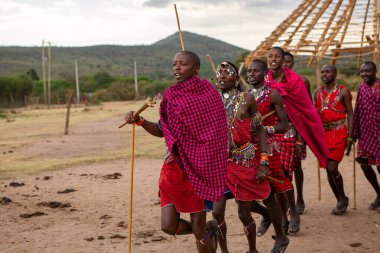 Masai geleneksel renkli giysiler içinde Masai 'nin ünlü Safari seyahat merkezinin yakınındaki yerel bir kabile köyünde dans ettiğini gösteriyor. Kenya. Yazı