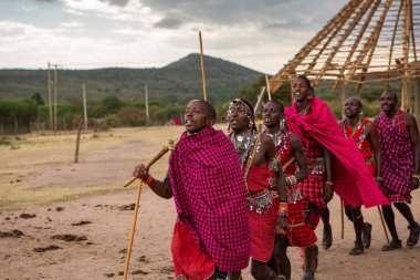 Masai geleneksel renkli giysiler içinde Masai 'nin ünlü Safari seyahat merkezinin yakınındaki yerel bir kabile köyünde dans ettiğini gösteriyor. Kenya. Yazı
