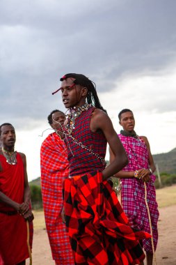 Masai geleneksel renkli giysiler içinde Masai 'nin ünlü Safari seyahat merkezinin yakınındaki yerel bir kabile köyünde dans ettiğini gösteriyor. Kenya. Yazı