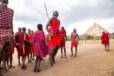 Masai geleneksel renkli giysiler içinde Masai 'nin ünlü Safari seyahat merkezinin yakınındaki yerel bir kabile köyünde dans ettiğini gösteriyor. Kenya. Yazı
