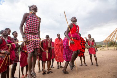 Masai geleneksel renkli giysiler içinde Masai 'nin ünlü Safari seyahat merkezinin yakınındaki yerel bir kabile köyünde dans ettiğini gösteriyor. Kenya. Yazı