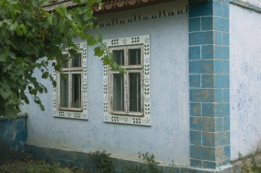Evin kapısı metal bir desenle dekore edilmiş. Köyde terk edilmiş eski bir ev. Bir kır evinin bahçesindeki eski demir kapı. Yeşil metal kapı.