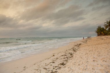 Beyaz kum ve palmiyeli cennet kumsalı. Kenya Mombasa 'nın Hint Okyanusu çevresindeki Diani Sahili. Afrika 'da manzara fotoğrafı egzotik plaj