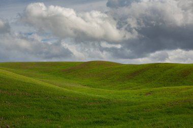 Virajlı yolu ve selvası olan ünlü Toskana manzarası, İtalya, Avrupa. Kırsal çiftlik, selvi ağaçları, yeşil alan, güneş ışığı ve bulut. 