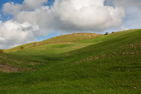 Virajlı yolu ve selvası olan ünlü Toskana manzarası, İtalya, Avrupa. Kırsal çiftlik, selvi ağaçları, yeşil alan, güneş ışığı ve bulut. 