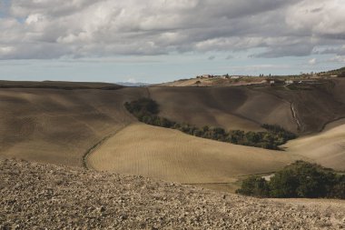 Tuscany, İtalya 'da hasat edilmiş tarlalar ve çayırlar. Sonbahar günbatımında dalgalı kır manzarası. Tarımsal mevsim için ekilebilir arazi hazır..