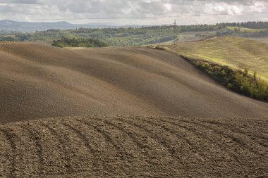 Tuscany, İtalya 'da hasat edilmiş tarlalar ve çayırlar. Sonbahar günbatımında dalgalı kır manzarası. Tarımsal mevsim için ekilebilir arazi hazır..