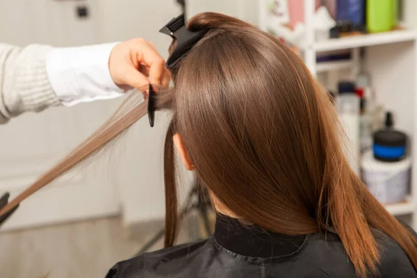 Professional hairdresser cutting hair of young woman in beauty salon