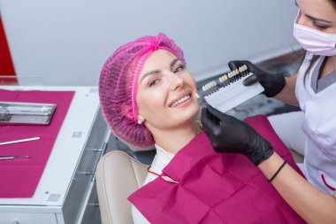 Stomatoloji ve diş bakımı. Diş hekimliği ve oral sağlık. Kadının dişçi kliniğinde diş muayenesi var. Yaklaş genç beyaz kız yüzü..