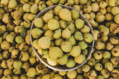 Çiftçi pazarının tezgahında sarı armutlar.