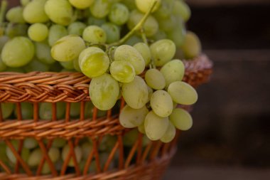 Tahta bir arka planda sepette bir demet beyaz üzüm..