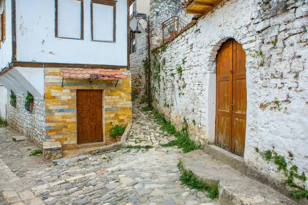 Arnavutluk 'un ünlü eski Berat kasabası. Osmanlı döneminden kalma evlerin olduğu Picturesque caddesi. Arnavutluk 'un orta kesiminde güzel manzara.