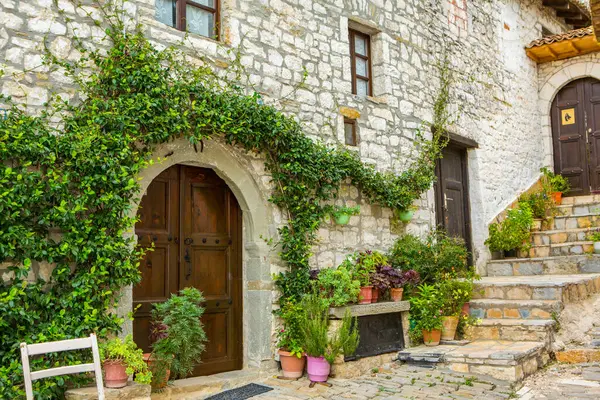 Arnavutluk 'un ünlü eski Berat kasabası. Osmanlı döneminden kalma evlerin olduğu Picturesque caddesi. Arnavutluk 'un orta kesiminde güzel manzara.