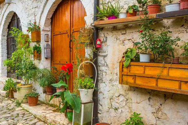 Arnavutluk 'un ünlü eski Berat kasabası. Osmanlı döneminden kalma evlerin olduğu Picturesque caddesi. Arnavutluk 'un orta kesiminde güzel manzara.