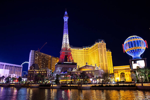 Aerial view of Las Vegas skyline at night with illuminated hotels and casinos, Las Vegas, Nevada, United States