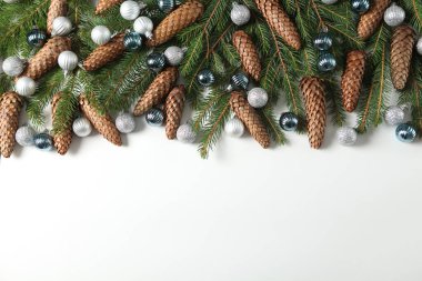 2025 yılının geçmişi. Yeni yılın teması beyaz yüzey ve köknar dalları. Tebrik kartı için tasarım.