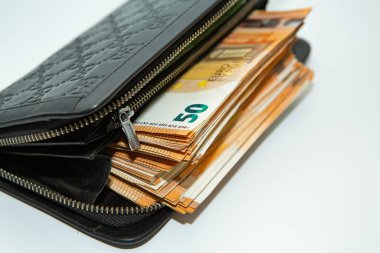 Euro nakit para. Avrupa Birliği para biriminin bir sürü banknotu yakında. Finansal yatırım, tasarruf, gelir kazancı kavramı.