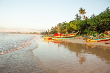 Sri Lanka 'daki Hint okyanusunun Weligama kıyısında sörf cenneti ve altın plajı. Rahatlamak, yüzmek ve tropikal havanın tadını çıkarmak isteyen gezginlerin en sevdiği yerdir..