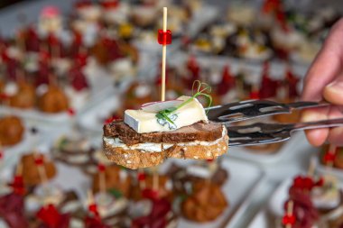 Masada aperatifler, aperatifler ve kanepeler olan açık büfe ya da servis. Bir Etkinlik İçin Taze Hazırlanmış Yemeklerin Çeşitliliği.