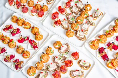 Masada aperatifler, aperatifler ve kanepeler olan açık büfe ya da servis. Bir Etkinlik İçin Taze Hazırlanmış Yemeklerin Çeşitliliği.
