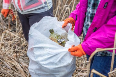 Çöp torbaları ve plastik şişeler çöpte. Çevre kirliliği. Gönüllü, parkta çöp topluyor..