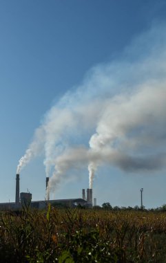 Fabrika bacalarından mavi gökyüzüne doğru yükselen endüstriyel kirlilik. Ekolojik felaket. Fabrika bacaları dumanla dolu.