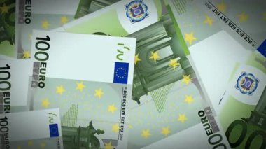 Avrupa para birimi animasyonu. Yüzen 100 Euro. İş büyümesi kavramı veya Finansal Kriz 4K Yavaş çekim Kusursuz Döngülü arkaplan