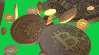 Bitcoin Kripto para birimi Altın Bitcoin BTC Bit Bozuk Para Düşen Döngü Yeşil Ekran animasyonu. Bitcoin madencilik konsepti, engelleme teknolojisi. 3d BTC, Kripto Dijital Para Birimi, Borsa