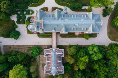 Aerial top down view about the period-correctly renovated Wenckheim Palace at Szabadkgys, Hungary. It was built between 1875 and 1879 based on the plans of Mikls Ybl.