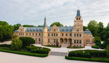 Aerial panoramic view about the period-correctly renovated Wenckheim Palace at Szabadkgys, Hungary. It was built between 1875 and 1879 based on the plans of Mikls Ybl.