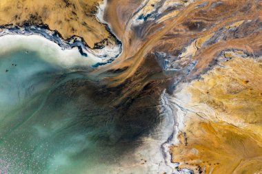 Aerial view of the famous red mud disaster site, abstract lines, surreal landscape, icelandic feeling.