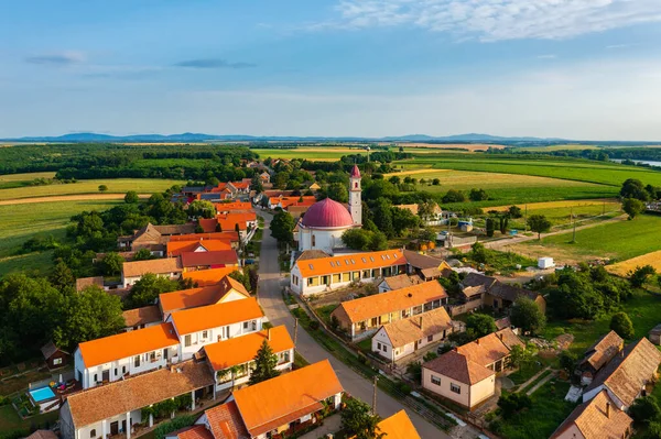 Aerial view about Palkonya which is a one-street village located at the northeastern end of the Villny Mountains, Winecountry. Famous about mostly small and medium-sized family wineries.