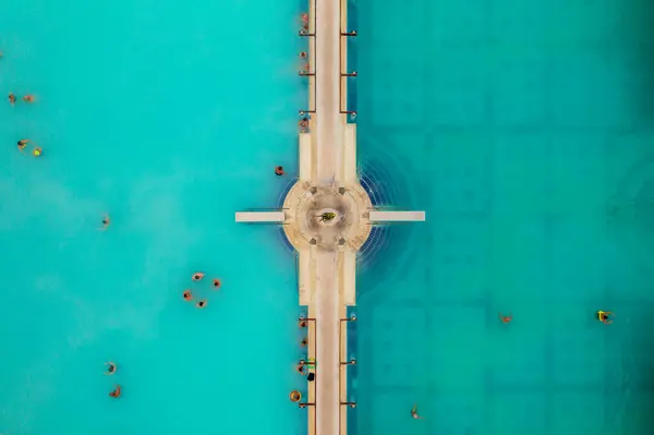 Aerial top down view about people swimming in the thermal bath at Harkany, Hungary