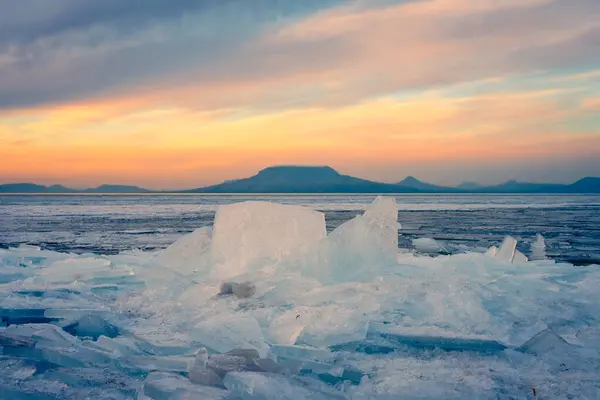 Fonyod Hungary Beautiful Icebergs Shore Frozen Balaton Badacsony Gulacs Spectacular — Stock Photo, Image