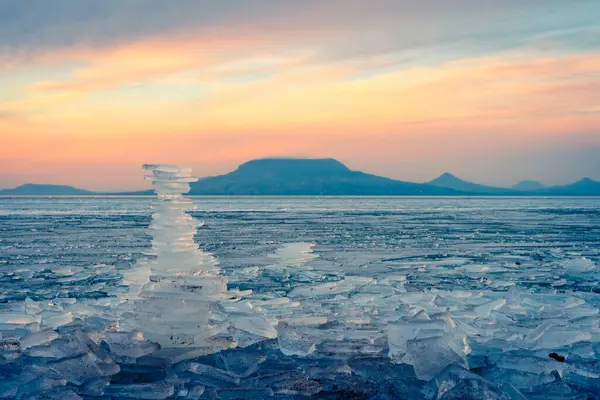 Fonyod Hungary Beautiful Icebergs Shore Frozen Balaton Badacsony Gulacs Spectacular Stock Photo