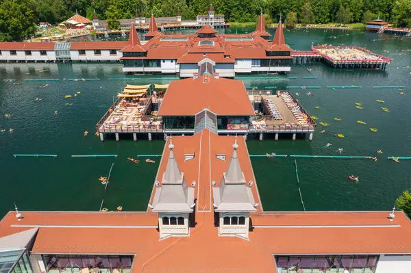 stock image Aerial view about the thermal lake of Heviz, which is the largest biologically active natural thermal lake with therapeutic effects in the world.