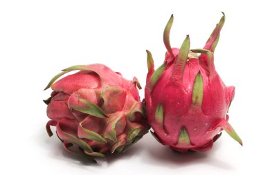 İki taze organik kırmızı ejder meyvesi beyaz arka planda izole edilmiş lezzetli meyveler.