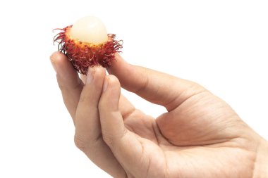 El ele tutuşarak taze organik rambutan lezzetli meyveler beyaz arka plan kırpma yolunda izole edilmiş.