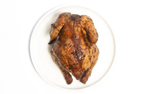 Egy Egész Ízletes Sült Csirke Fűszerezett Gyógynövények Egy Fehér Lemez Jogdíjmentes Stock Fotók