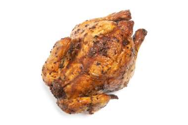 Beyaz arka plan kırpma yolunda izole edilmiş otlarla tatlandırılmış leziz bir tavuk.