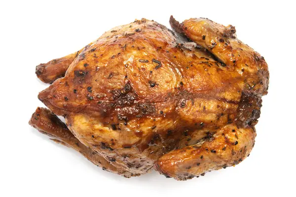 Целый Вкусный Жареный Цыпленок Приправленный Травами Вид Сверху Изолирован Белом Стоковое Фото