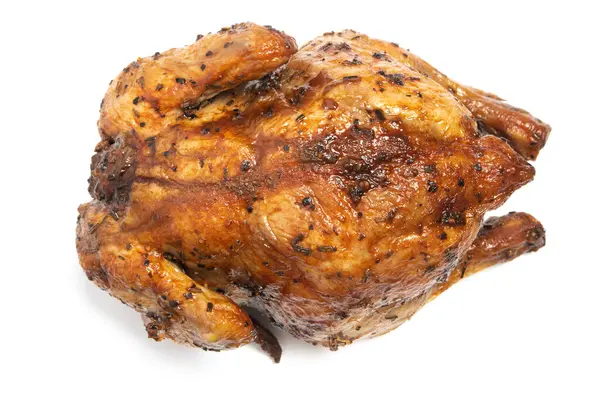 Egy Egész Finom Sült Csirke Fűszerezett Fűszernövények Felső Nézet Elszigetelt Stock Kép