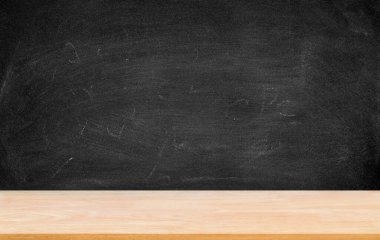 Wooden plank table for graphic stand product, interior design or montage display your product with blank texture blackboard with chalk for background. education concept.