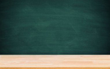 Wooden plank table for graphic stand product, interior design or montage display your product with blank texture blackboard with chalk for background. education concept.