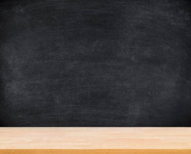 Wooden plank table for graphic stand product, interior design or montage display your product with blank texture blackboard with chalk for background. education concept.