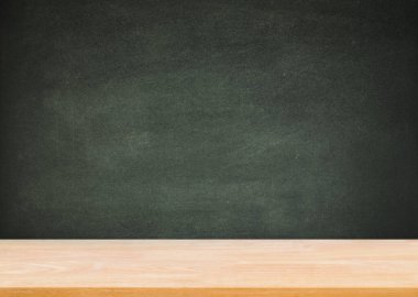 Wooden plank table for graphic stand product, interior design or montage display your product with blank texture blackboard with chalk for background. education concept.