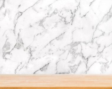 Abstract Natural wood table texture on white luxurious marble background : Top view of plank wood for graphic stand product, interior design or montage display your product