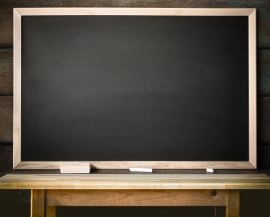 Wooden plank table for graphic stand product, interior design or montage display your product with blank texture blackboard with chalk for background. education concept.