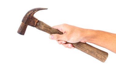 Abstract man hand holding Old and rusty hammer isolated on a white background