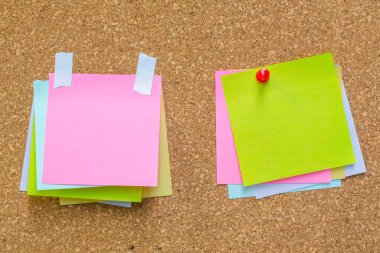 paper note on cork board. cork board with blank notes. sticker note